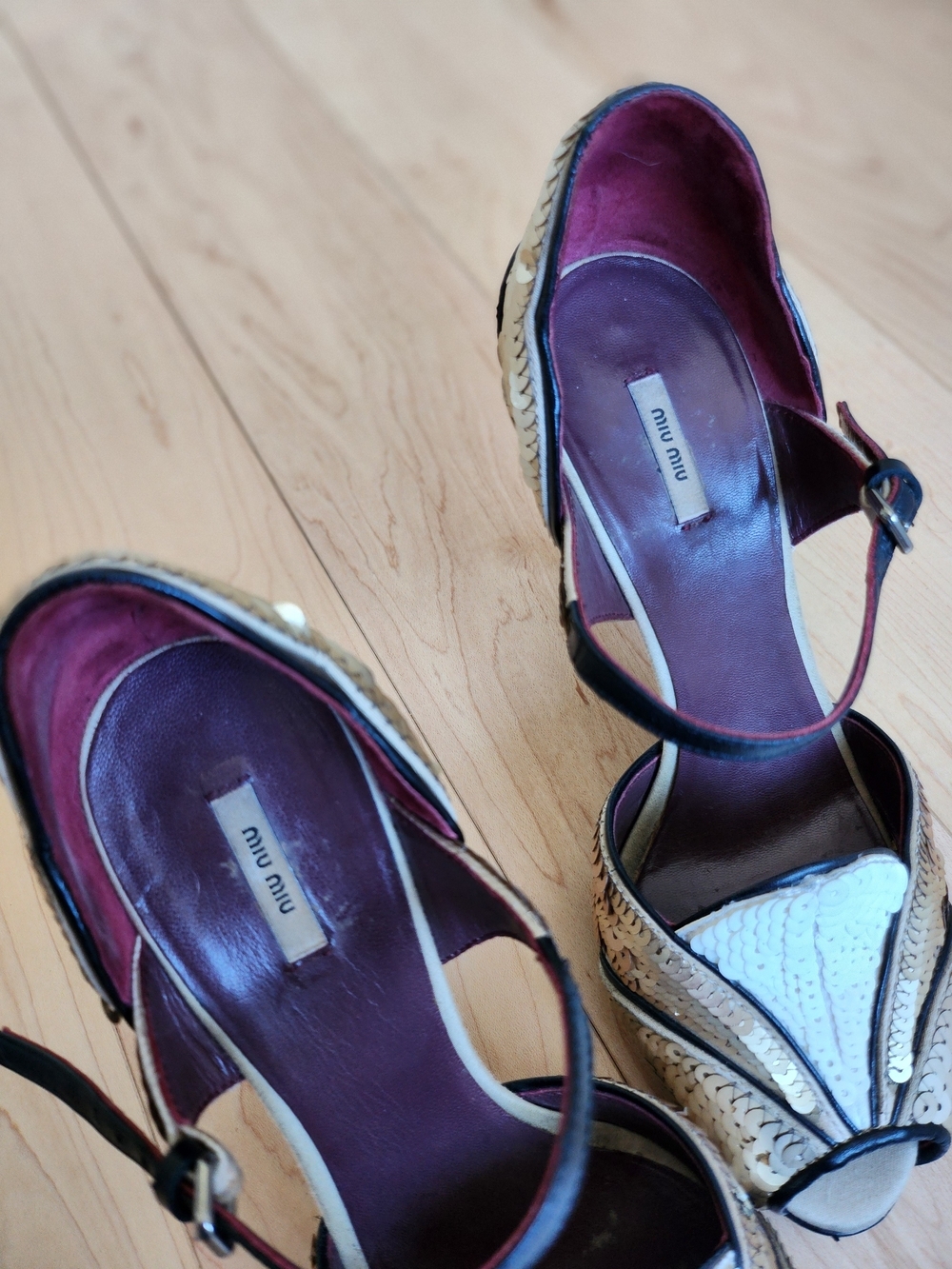 Vintage 50's Vibe Miu Miu Gold & White Sequin Peep-Toe Mary Jane Stiletto EU36.5 - Picture 3 of 9